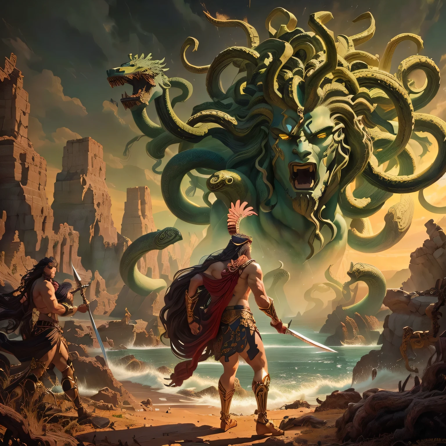 Perseus approached Medusa’s lair with caution,Painting of a man with a sword and the head of a giant monster, Digital Painting of Greek Mythology, Greek Dark Mythology, bad jellyfish, mythology artwork, gorgon, Symmetrical epic fantasy art, Medusa, Hydra, Scylla and Charybdis, fierce medusa, Greek Mythology, Greek fantasy, classic Greek Mythology, by Alex Hawley, Hydra with eight heads