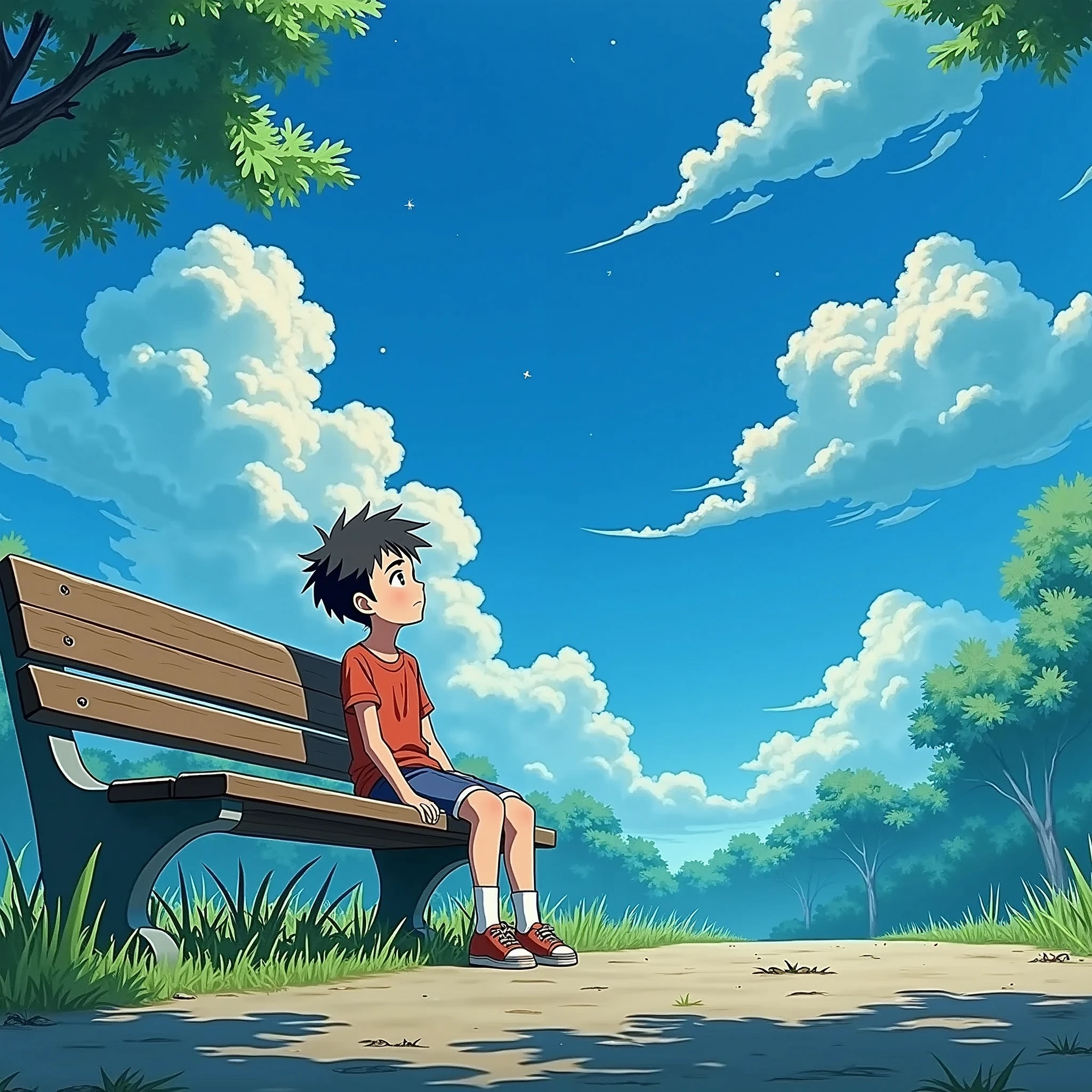 a young boy sitting on a bench, looking up at the blue sky, Ghibli-style, beautiful detailed eyes, beautiful detailed lips, extremely detailed face and expression, lush green landscape, (best quality,4k,8k,highres,masterpiece:1.2),ultra-detailed,(realistic,photorealistic,photo-realistic:1.37),cinematic lighting,vibrant colors,whimsical,magical realism,serene,dreamlike
