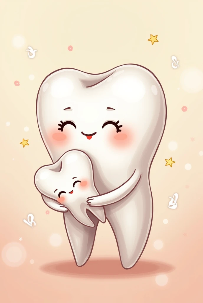 Cartoon of a tooth with breasts breastfeeding her baby tooth in pastel colors