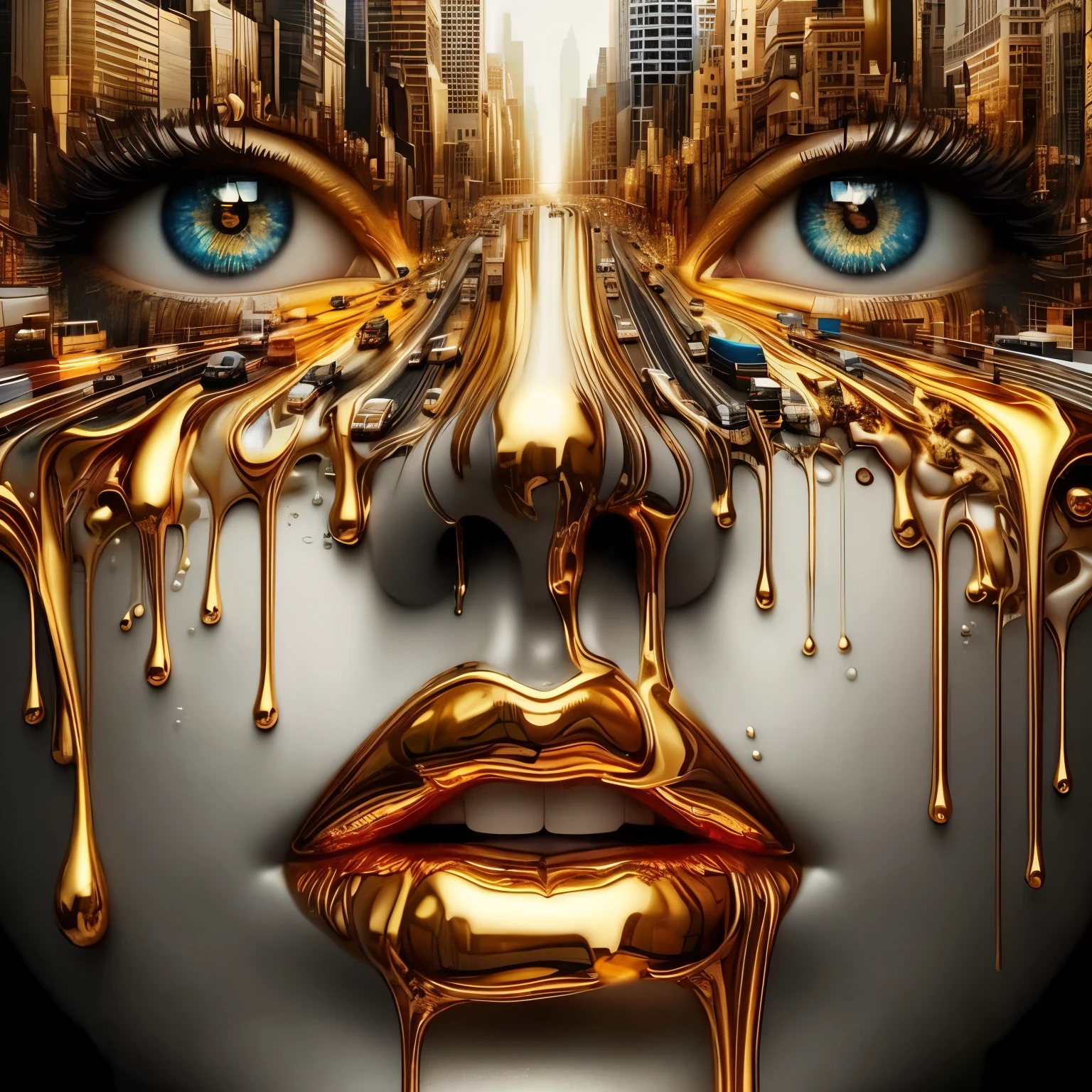 A scene focused on the exaggerated beauty of a realistic Statue of Liberty face that appears to be melting, looking at the camera, with a busy cityscape seamlessly integrated into your facial features. The urban scene appears prominently in his films, depicting the streets of Times Square, newyork, as if reflected in your eyes and lips, the face, seeming to melt, has a golden metallic liquid dripping from the eyes and lips, flowing over the blended urban scene of Times Square, creating a sense of movement and surrealism. The golden flow not only gives a vivid sense of dynamism to the image, but also accentuates the role of the urban landscape in the visual narrative., Captured in meticulous detail through high-definition cinematic lenses, 8k-UHD.