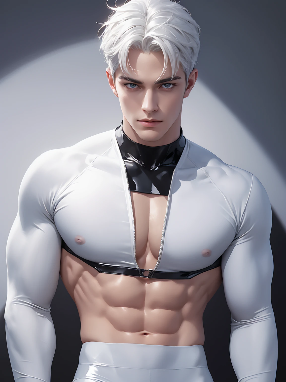 Full body photorealistic 4k, high resolution, best quality, masterpiece, perfect color, perfect shade, perfect lighting, Posted by e621, ((portrait)), ((handsome man)), perfect male figure, Short hair details,chest muscles,abdominal muscles,wearing white and silver tight fit latex spandex and gloves,Detailed face, perfect face, (stood up), Detailed background, ((Bonifasco Lighting)), (delicate eyes),),white hair