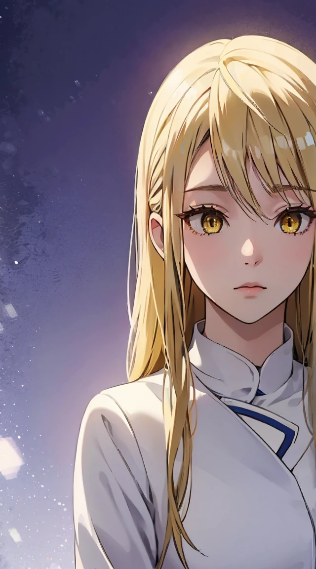 1girl, 30 years old, cold winter, blonde hair, long hair, blonde, yellow eyes, shy, wearing all white, eligant posture, beautiful, Gyaru girl