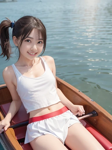 Japanese female, (underweight), (flat chest best quality:1.3), 30 years old, (cheerful grin:1.5),NSFW,
lake,legs spread (rowing a rowboat), ponytail, (red t-shirt), (white skirt), (white panties,focus), Japanese, in the rowboat, full body shot, (low angle shot:1.2)