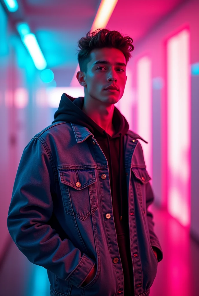 8K,v4,i phone 14 pro max camera, neon 20 year old boy stand in middle of the image