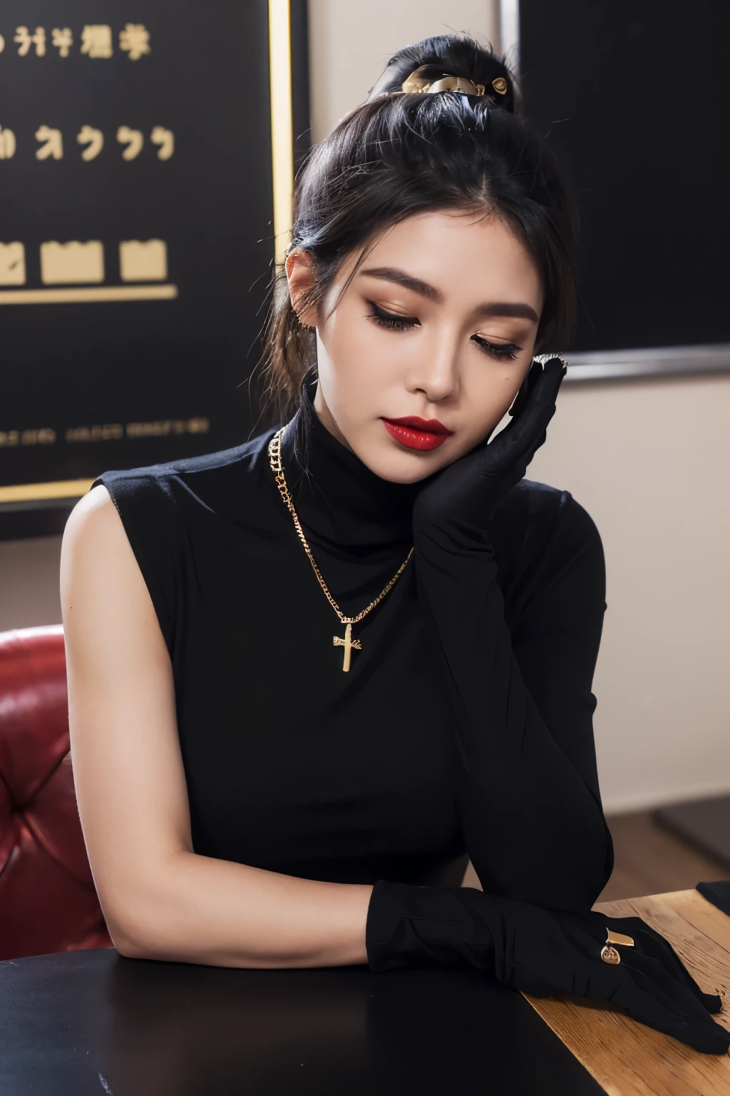 Beautiful class photo of 35 years old,With eyes closed,,Sweating,Office Secretary,Cross-dresser ,(( Red lipstick )) (( Long black ponytail)) ((Man in black dress:1.2 and a black turtleneck sweater with a gold chain )), (( He wore his favorite black gloves )) (( Black knee-high boots)) (( ) (( He is the boss of the office.,Everyone loves her)) , He is near the coffee machine ,Sit cross-legged on the table, He stroked her black boots)) ((Very cold, Everyone is dressed)) (( He wore his favorite black gloves )) (( He is showing me her beautiful)) (( He peed on the table)) (( He is touching his breasts))