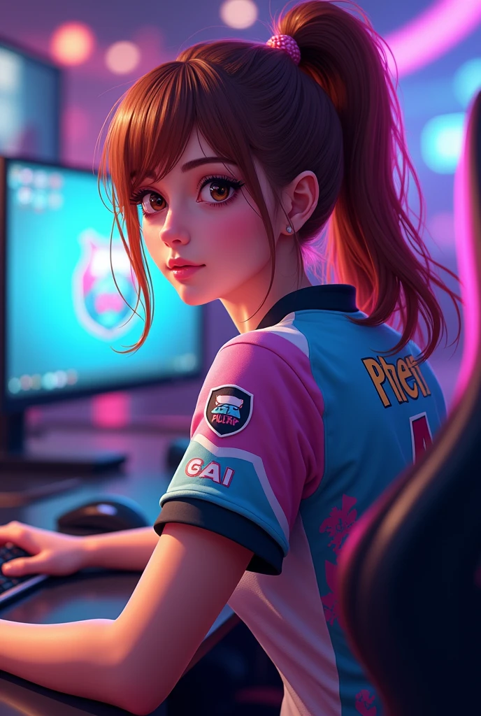 A young woman with esports jersy and has a "Pretty GAL" name on the back