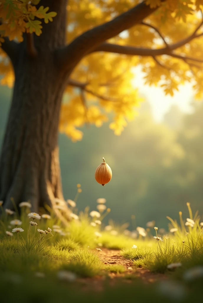 A small, light-brown seed with a smooth surface is floating downwards in slow motion. The seed twirls gracefully as it descends from a tall, towering oak tree with golden leaves. The background features a dense, vibrant green forest with rays of sunlight streaming through the canopy. The wind gently rustles the leaves, creating a serene, magical atmosphere.3d animation Disney inspired