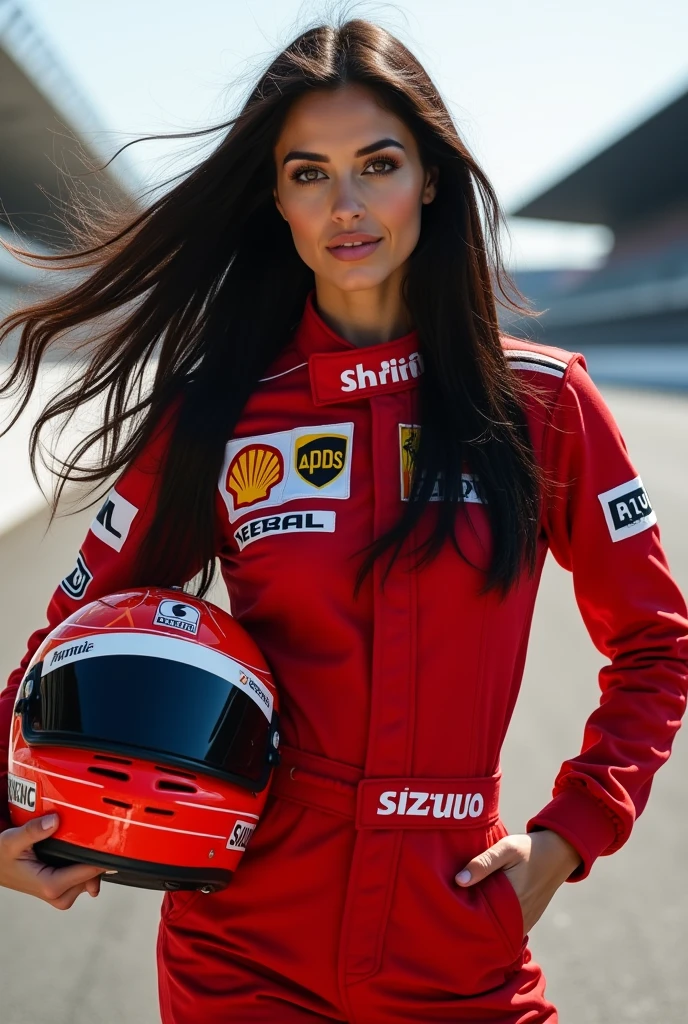 white woman brown eyes fine features long black hair she is wearing the red jumpsuit of the pilot Ayrton Senna and holding the Formula 1 helmet she is at the racetrack and her hair is blowing in the wind for tattooing