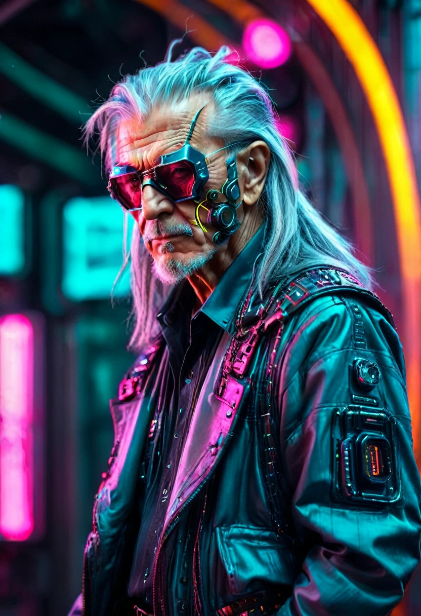 Ultra-Realistic Capture,18k,RAW Photos,Highest quality,masterpiece,reality,Very detailed,Sharp Photos,cyber punk,cyber punk,Soft lighting, Cinematic shots, Vibrant colors, Gorgeous colors, (1 person,Elderly men:1.2), wise,Gray Hair,Long Hair,Detailed Background, Detailed face,Mechanical Clothes,neon,Acrobatic Pose,mask,tall,whole body,