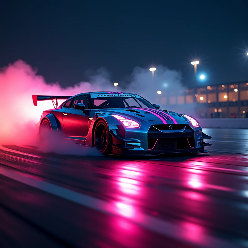 (masterpiece, best quality, ultra-detailed, 8K), race car, street racing-inspired,Drifting inspired, LED, ((Twin headlights)), (((Bright neon color racing stripes))), (Black racing wheels), Wheelspin showing motion, Show car in motion, Burnout, wide body kit, modified car, racing livery, masterpiece, best quality, realistic, ultra highres, (((depth of field))), (full dual colour neon lights:1.2), (hard dual color lighting:1.4), (detailed background), (masterpiece:1.2), (ultra detailed), (best quality), intricate, comprehensive cinematic, magical photography, (gradients), glossy, Night with galaxy sky, Fast action style, fire out of tail pipes, Sideways drifting in to a turn, Neon galaxy metalic paint with race stripes, GTR Nismo, NSX, Porsche, Lamborghini, Ferrari, Bugatti, Ariel Atom, BMW, Audi, Mazda, Toyota supra, Lamborghini Aventador, aesthetic,intricate, realistic,cinematic lighting, Neon Paint, streaks of fire,c_car