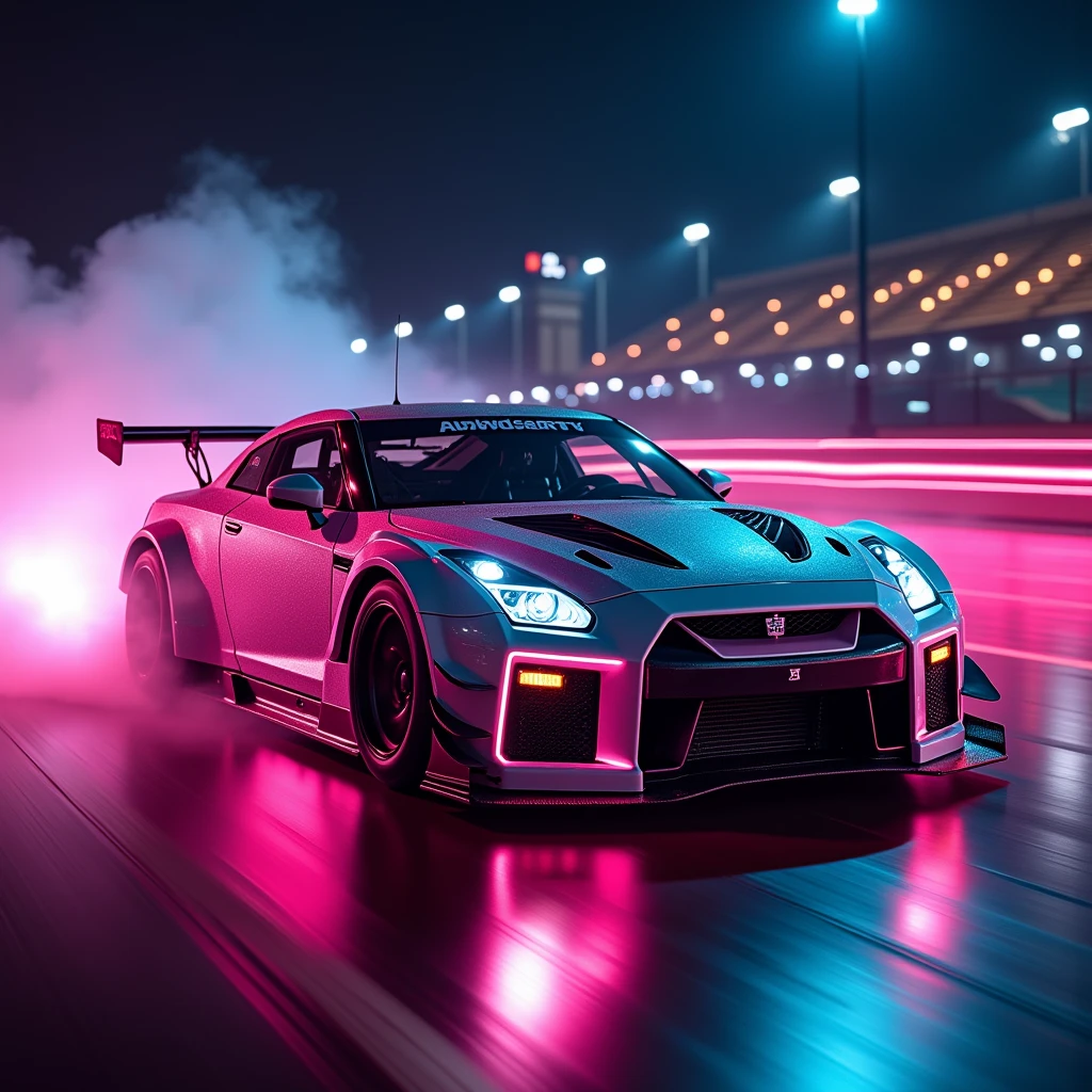 (masterpiece, best quality, ultra-detailed, 8K), race car, street racing-inspired,Drifting inspired, LED, ((Twin headlights)), (((Bright neon color racing stripes))), (Black racing wheels), Wheelspin showing motion, Show car in motion, Burnout, wide body kit, modified car, racing livery, masterpiece, best quality, realistic, ultra highres, (((depth of field))), (full dual colour neon lights:1.2), (hard dual color lighting:1.4), (detailed background), (masterpiece:1.2), (ultra detailed), (best quality), intricate, comprehensive cinematic, magical photography, (gradients), glossy, Night with galaxy sky, Fast action style, fire out of tail pipes, Sideways drifting in to a turn, Neon galaxy metalic paint with race stripes, GTR Nismo, NSX, Porsche, Lamborghini, Ferrari, Bugatti, Ariel Atom, BMW, Audi, Mazda, Toyota supra, Lamborghini Aventador, aesthetic,intricate, realistic,cinematic lighting, Neon Paint, streaks of fire,c_car