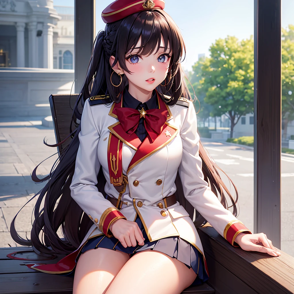 A beautiful 20 year old girl in uniform sitting on a bench with a hat, anime girl, military hat, red puffy miniskirt, white blazer, white stockings, big round breasts, sitting, blue sky, dark brown hair, long red bangs, french braid, long hair, wavy hair, shiny hair, hairclip, hair ribbon, aqua eyes, glowing eyes, pupils sparkling, earrings, blush, puckered lips, confused, red lips, high detail, anime, anime style, depth of field, dithering, image fill, perspective, lens flare, Wide-Angle, f/1.8, 85mm, Nikon, 8k, super detail, UHD, retina, masterpiece, accurate, anatomically correct, textured skin, best quality, highres, 16k