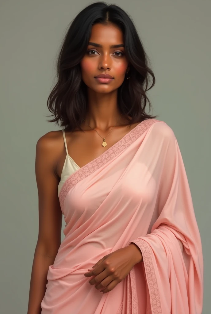 Tan skinned girl with uneven skin tone wearing a pale pink saree with wide strap sleeves, not spaghetti strap and she has not so toned arms, she has shoulder length hair
