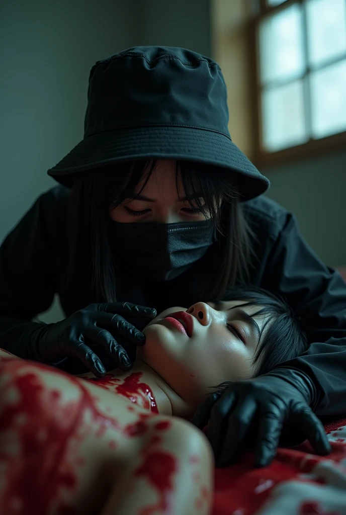 korean girl, (behind corpse, strangling), black surgical mask, black gloves, room full of blood, black raincoat, bucket hat, black gloves, woman on top, behind corpse, blood splatter, on the bed, mass murderer, killer, long bangs, blood splatter, dark atmosphere, cinematic lighting, atmospheric realistic, light from the window, close-up,