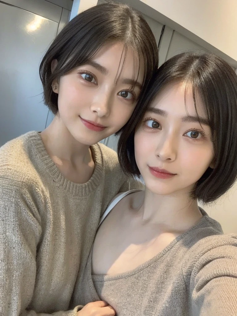 (masterpiece:1.3), (8k, Photoreal, Raw photo, best image quality: 1.4), Japanese high school girl、(random hairstyle:1.2)、cleavage:1.5、super detail face、eye for details、double eyelid、chest to chest、sharp focus:1.2、Beautiful woman:1.4、light brown hair、highest quality、masterpiece、超A high resolution、(Photoreal:1.4)、Highly detailed and professionally lit smiles、loose and light knitwear、shoulder out、thin、serious expression、short haired、deadly position
similar identical twins
All the girls have the exact same face, The two have the same face and figure, as if they were mirror images.