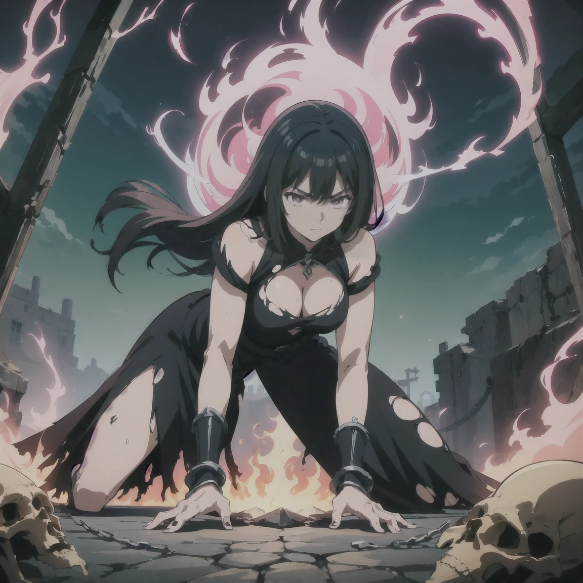 anime screenshot, 1 adult girl, dark sorceress witch, magic battle scene, powerful sorcery technique, anime tv, anime fantasy shonen, dark fantasy, magic ability, pink fire skeletons, cel shading: adult female witch in attack stance, crawling ready to attack, chained in holy shackles, very short charcoal black hair covering her face as if very dark and light, a look of murderous madness and an athletic body, dark torn clothes with a long dirty torn dress, skeleton flames pink summoning