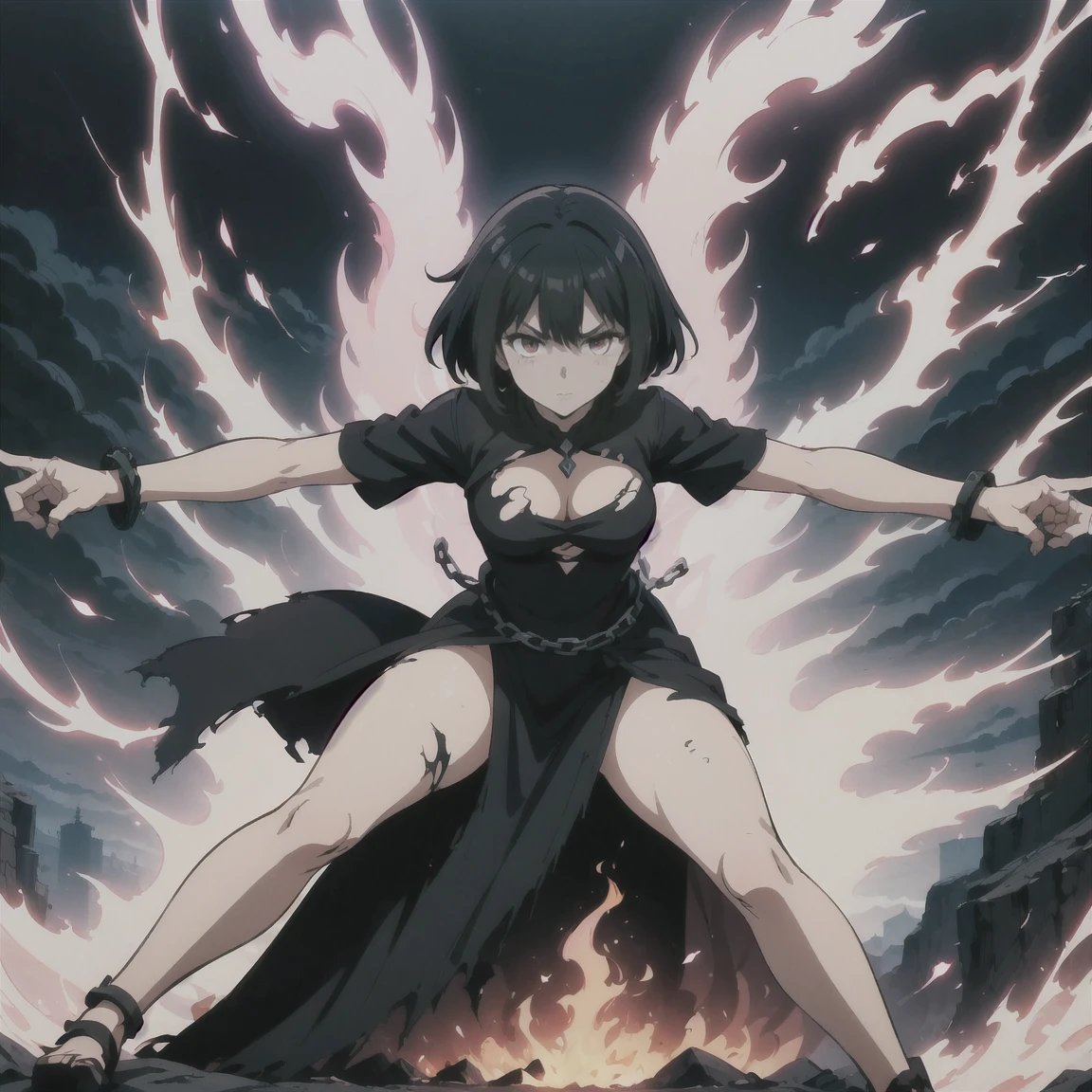 anime screenshot, 1 adult girl, dark sorceress witch, magic battle scene, powerful sorcery technique, anime tv, anime fantasy shonen, dark fantasy, magic ability, pink fire skeletons, cel shading: adult female witch in attack stance, crawling ready to attack, chained in holy shackles, very short charcoal black hair covering her face as if very dark and light, a look of murderous madness and an athletic body, dark torn clothes with a long dirty torn dress, skeleton flames pink summoning