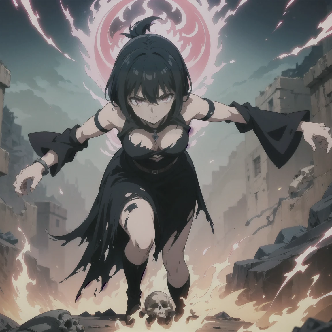 anime screenshot, 1 adult girl, dark sorceress witch, magic battle scene, powerful sorcery technique, anime tv, anime fantasy shonen, dark fantasy, magic ability, pink fire skeletons, cel shading: adult female witch in attack stance, crawling ready to attack, chained in holy shackles, very short charcoal black hair covering her face as if very dark and light, a look of murderous madness and an athletic body, dark torn clothes with a long dirty torn dress, skeleton flames pink summoning