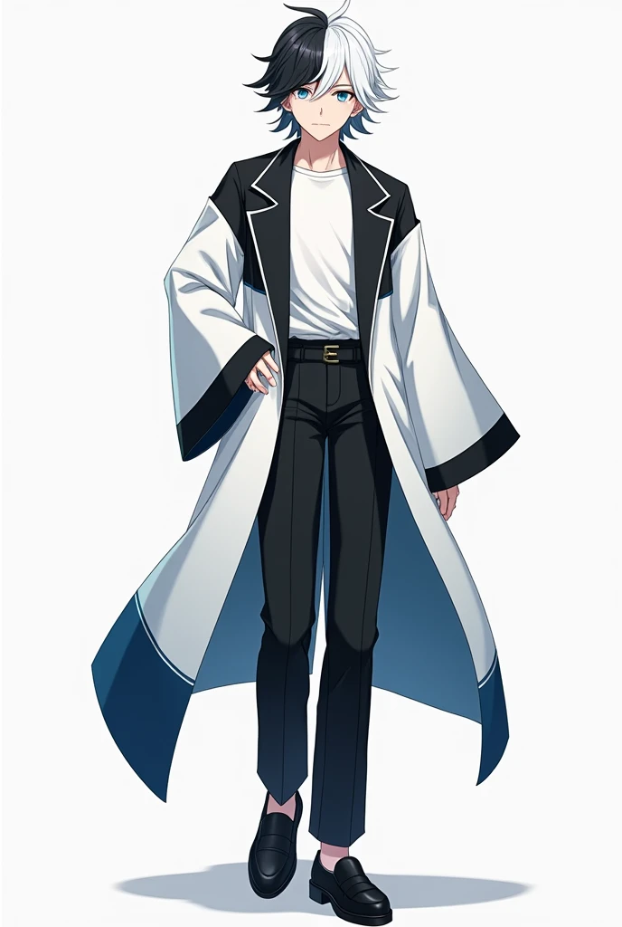 An anime character that has white hair style like Yukio from Soul of Yokai with a white and black style quiff, a white and black version with white and black colors, a Yukio from Soul of Yokai style suit with a white, black and blue kimono with blue eyes, medium-long hair with black pants and a white t-shirt that has the personality of Yukio from Soul of Yokai that looks nice, that wears black shoes