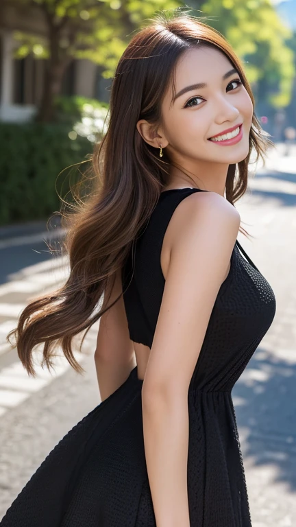 (masterpiece, Highest quality:1.1), (8k, RAW Photos, Photo realistic:1.2, f22), (Glowing Skin), Detailed skin, Detailed face, smilee,fine grain,Long Hair, break, Real World, (Very detailed, Cleavage), Intricate details, smile, One Girl, (Black knit dress)、 (Overseas tourist attractions:1.4)、(((whole body))) 、(((Looking back and smiling)))