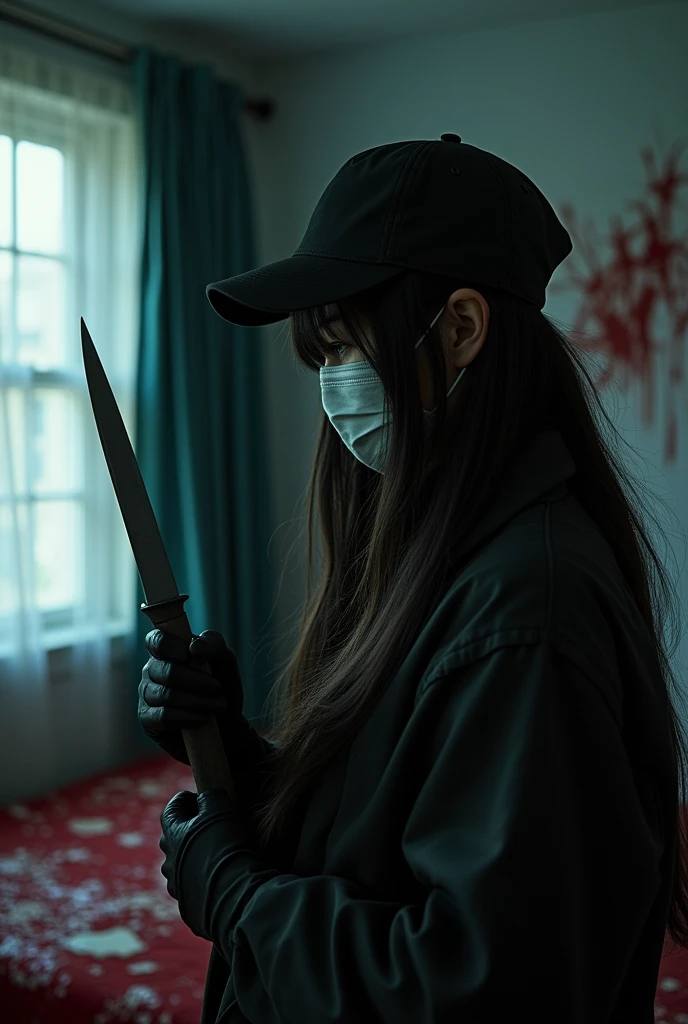 korean girl, (behind corpse, holding knife), surgical mask, black gloves, room full of blood, black raincoat, trucker hat, holding knife, black gloves, woman on top, behind corpse, blood splatter, on the bed, mass murderer, killer, long bangs, blood splatter, dark atmosphere, cinematic lighting, atmospheric realistic, from the window, close-up,
