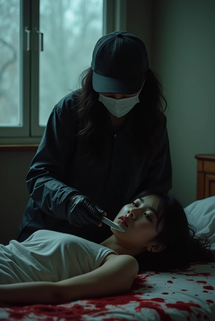 korean girl, (behind corpse, holding knife), surgical mask, black gloves, room full of blood, black raincoat, trucker hat, holding knife, black gloves, woman on top, behind corpse, blood splatter, on the bed, mass murderer, killer, long bangs, blood splatter, dark atmosphere, cinematic lighting, atmospheric realistic, from the window, close-up,