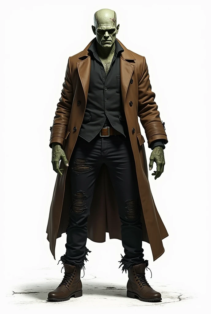 drawning, bright coloured, Frankenstein's monster, Van Helsing movie style , stark, Furiosa, baldie, Square head, wrinkled greenish gray skin, wearing a torn brown overcoat, ripped black pants, booties, suture marks on forehead and arms, white background, fully body
