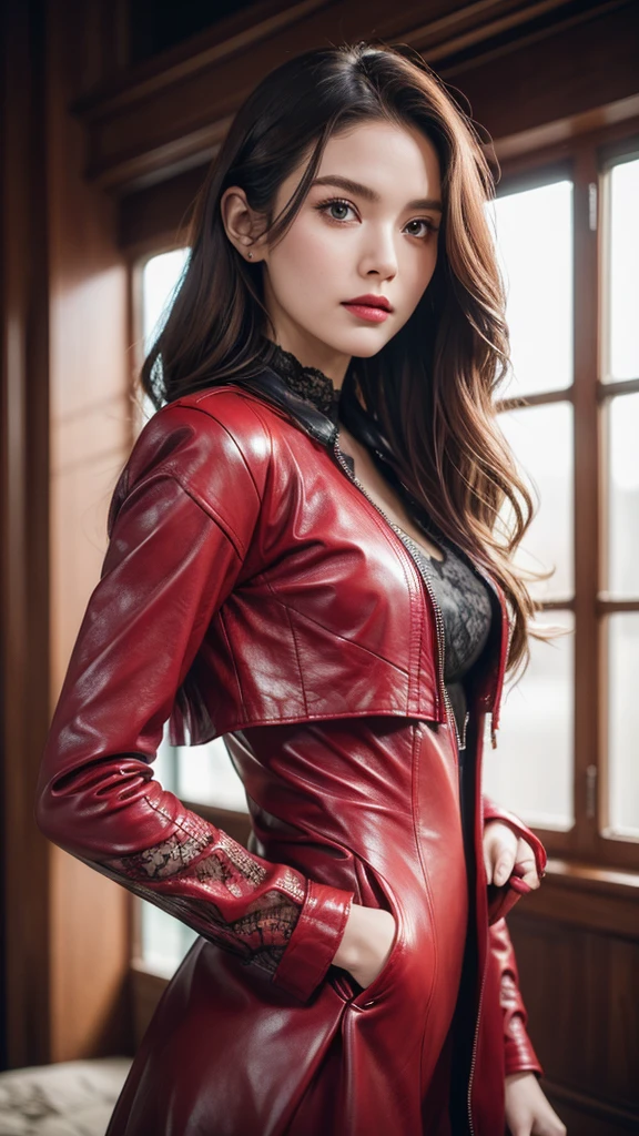 extremely detailed photo of a woman, loraelizabeth, scarlet witch, avengers, wearing black lace dress, open red leather jacket, 8k uhd, RAW photography, model photoshoot