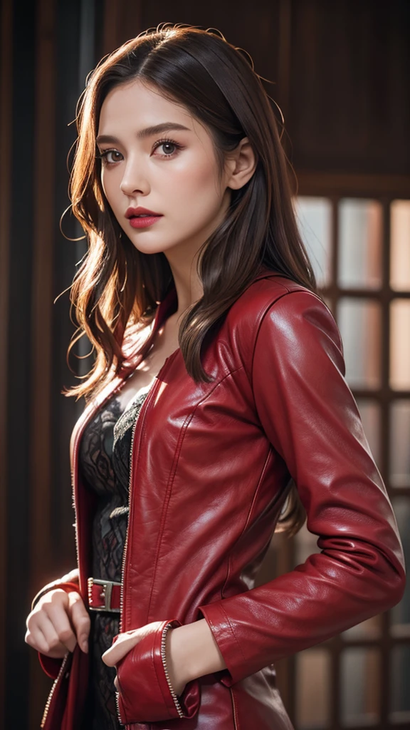 extremely detailed photo of a woman, loraelizabeth, scarlet witch, avengers, wearing black lace dress, open red leather jacket, 8k uhd, RAW photography, model photoshoot