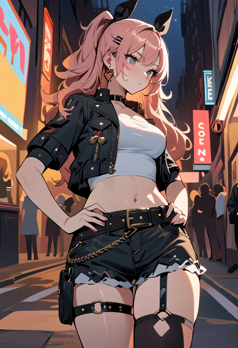 masterpiece, best quality, very detailed, very detailed,illustration, 1 woman, Nicole starts, hair ribbon, hairpin, earring, black collar, tube top, single thigh high, short, cropped jacket, belt, thigh straps, separated sleeves, doll, standing, put hands on hips, cowboy shot, night street, mesugaki,