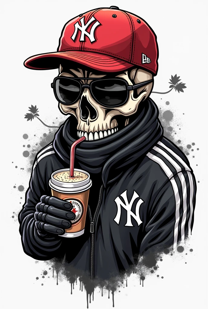 Skull with the red Yankees 5950 cap with the visor facing backwards with a gourd mate with a straw in his hand. With an adidas originals jacket and a scarf on his mouth, with dark glasses and black gloves. All this tattooed on one shoulder in black and white minus the cap