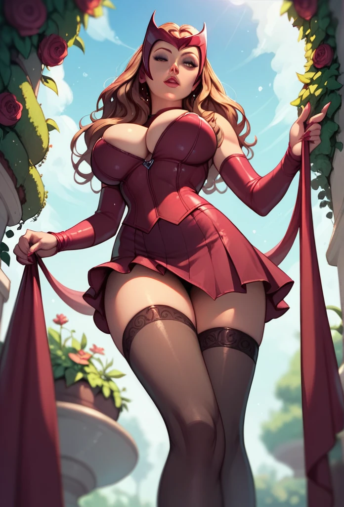 Scarlet Witch ( Marvel ), big breasts, deep cleavage, Short skirt, black stockings, standing in a garden, view from below 