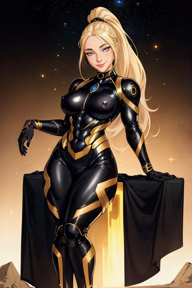 NSFW,light smile on face,young blonde girl in a black with gold accent space suit, full body, seductive pose, beautiful body, blue eyes, no background, ponytail, muscular, beautiful eyes, light freckels