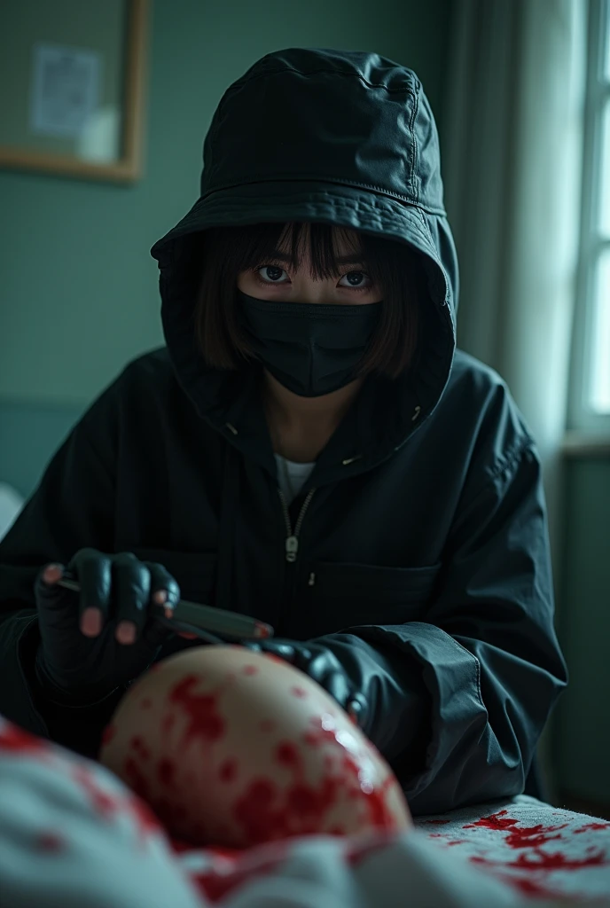 korean girl, (behind stiff, holding knife), surgical mask, black leather gloves, bath room, black raincoat, hood up, holding knife, leather gloves, woman on top, behind cadaver, looking at viewer, blood splatter, night, mass murderer, killer, short hair, blood splatter, dark atmosphere, cinematic lighting, atmospheric realistic, neon lighting, tripod and camera in the back, shooting with camera
