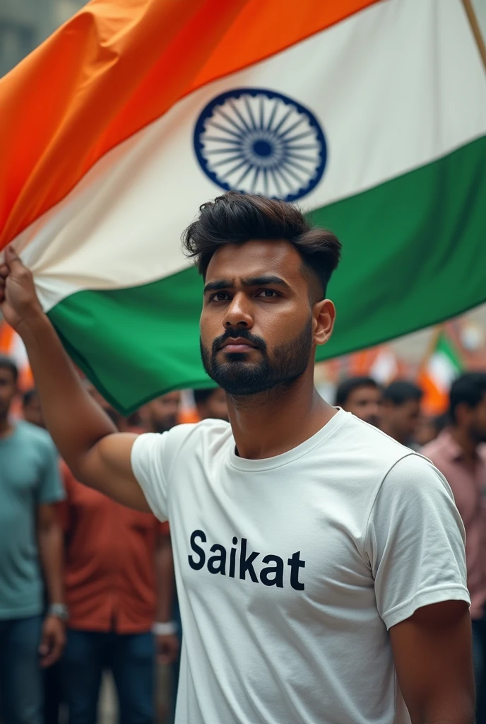 a man holding indian national flag. his name is saikat that is written on his white tshirt