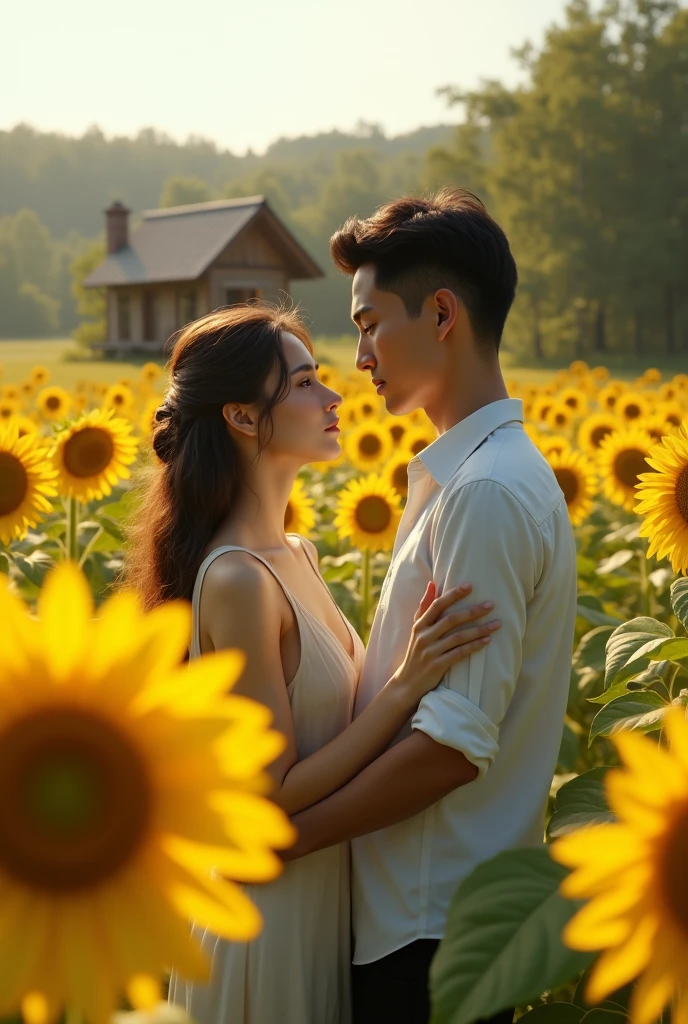 (photorealism:1.2), beautiful AI woman and a AI man, 20 years old, on the field of sunflowers with a cabin in the background