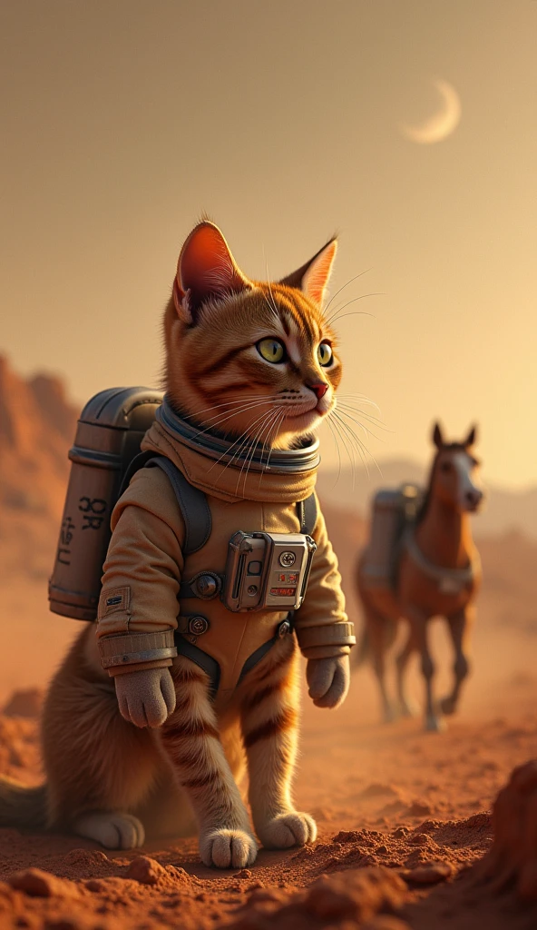 Photo quality　Ultra-Real　((Close-up))   ((Cat 3 horses))　astronaut cat　Gazing into the distance　Mars exploration　((Spacecraft repair)middle))　High five　Armageddon-like