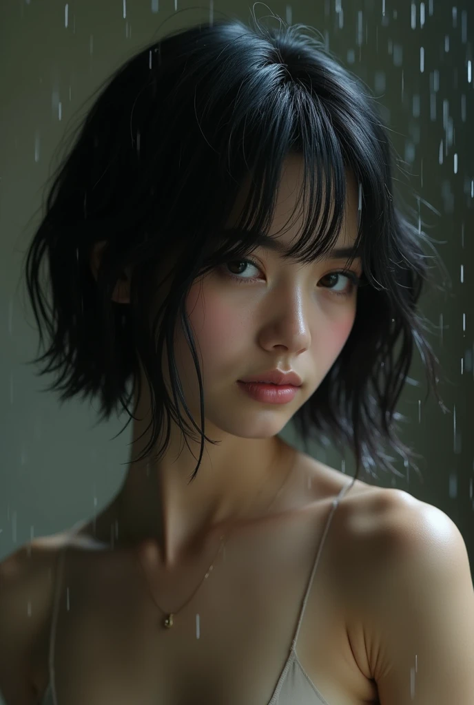 One girl, Short black hair,Completely naked, shy, blush, Wet, rain, transparent, (masterpiece, Highest quality), Soft Light, Structure of the film, Cinematic Light