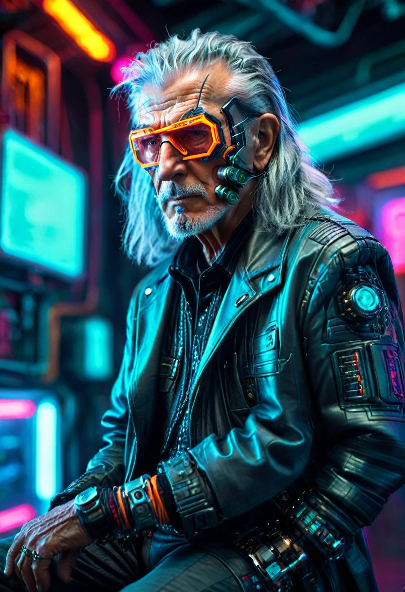 Ultra-Realistic Capture,18k,RAW Photos,Highest quality,masterpiece,reality,Very detailed,Sharp Photos,cyber punk,cyber punk,Soft lighting, Cinematic shots, Vibrant colors, Gorgeous colors, (1 person,Elderly men:1.2), wise,Gray Hair,Long Hair,Detailed Background, Detailed face,Mechanical Clothes,neon,Acrobatic Pose,mask,tall,whole body,Left only mechanical leg,Cane,