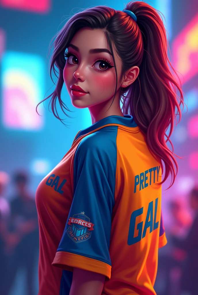 A young chubby woman wearing esports jersy that has a "Pretty GAL" name on the back of the jersy