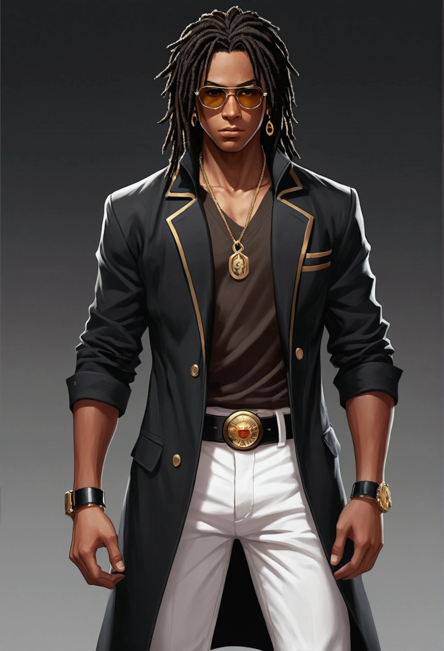 Dark-skinned young man with brown eyes and a black jacket., Black dreadlocks, Black glasses, Hairstyle with dreadlocks, in human style, colorful sketch, unrealistic character concept, Conceptual portrait of my character, подробный character portrait, anime style character, anime style portrait, character portrait, cel - shaded art style, Her outfit consists of black, unbuttoned jacket with gold buttons on the front and bottom of the sleeves, he wears a white V-neck shirt., White pants, large black belt with gold buckle, smaller black belt, hanging from the side of her hip, and he's wearing beige shoes with black buckles, вдохновение King of Fighters