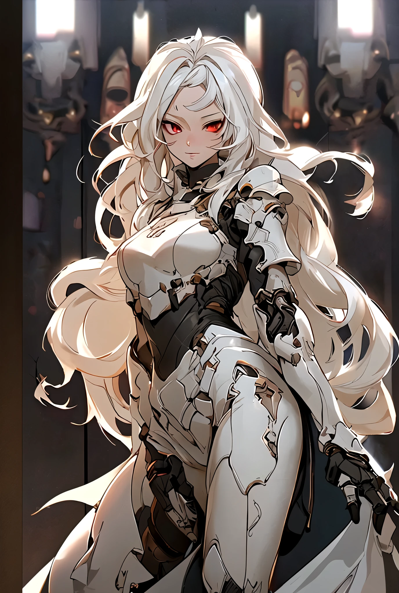 ((best quality)), ((Masterpiece)), (details:1.4), 3d, HDR (high dynamic range), mature woman, เหมือนจริง, Long hair, White hair, Red eyes, จมูกโด่ง, ปากแดง PBR surface, After processing, Anisotropic filtration,depth of field, Maximum clarity and clarity, multi-layered surface, perfect proportions, 8K raw files, holy paladin, Heavy White armor, Fierce, ในโบสถ์,