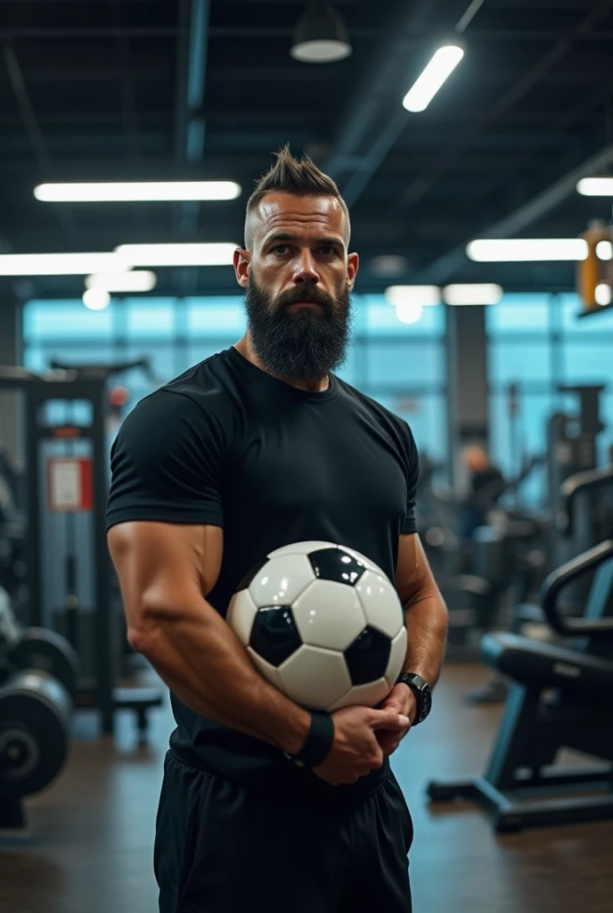 a man wearing black pants and shirt with a black beard,standing in front of fitness equipment inside a shop, looking ahead, holding a soccer ball, photorealistic, dynamic lighting, highly detailed, 8k, best quality