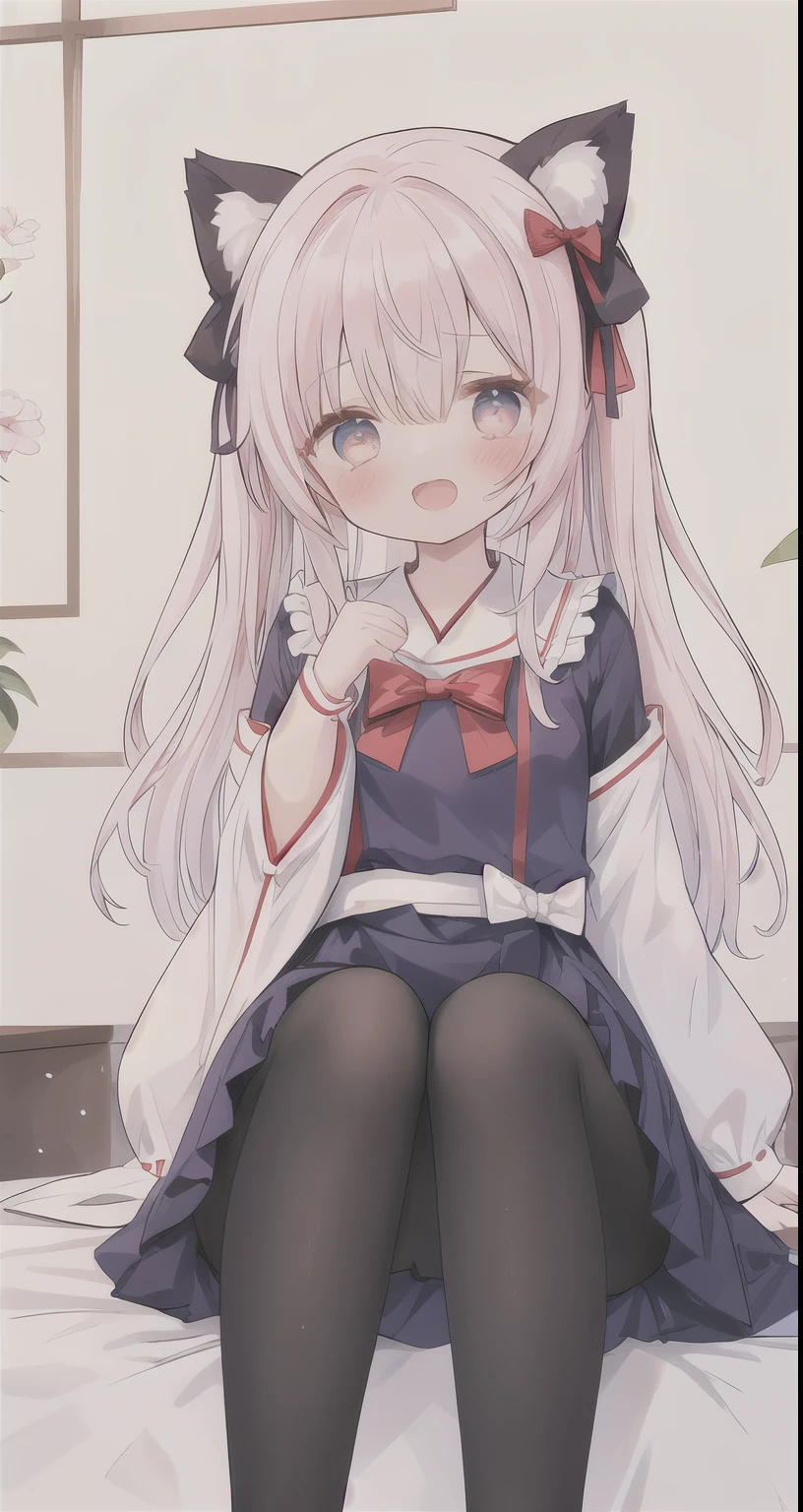 1 Girl,白色of pantyhose, 长of_hair, 白色of_Leg clothing, 独自of, of_bow, hair_Decorations, Open_Mouth, sit, of_Ribbon, 绿色of_Eye, bow,