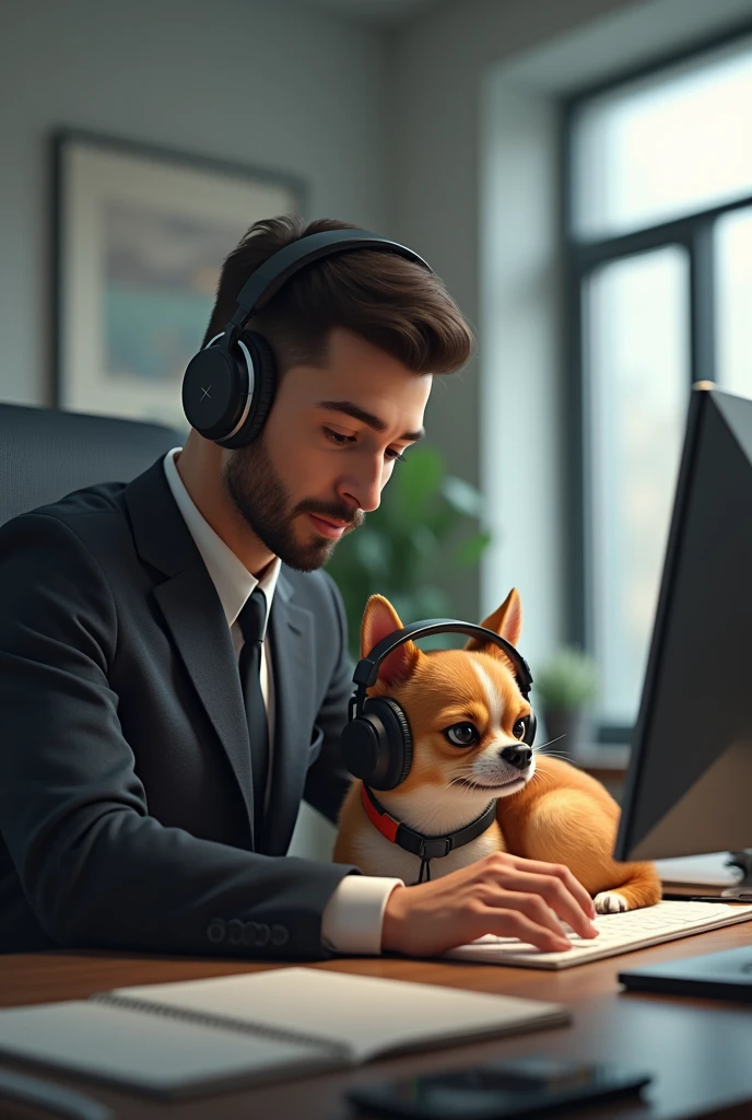 A man in a suit sitting behind a desk working with a sitting hugging his leg wearing headphones