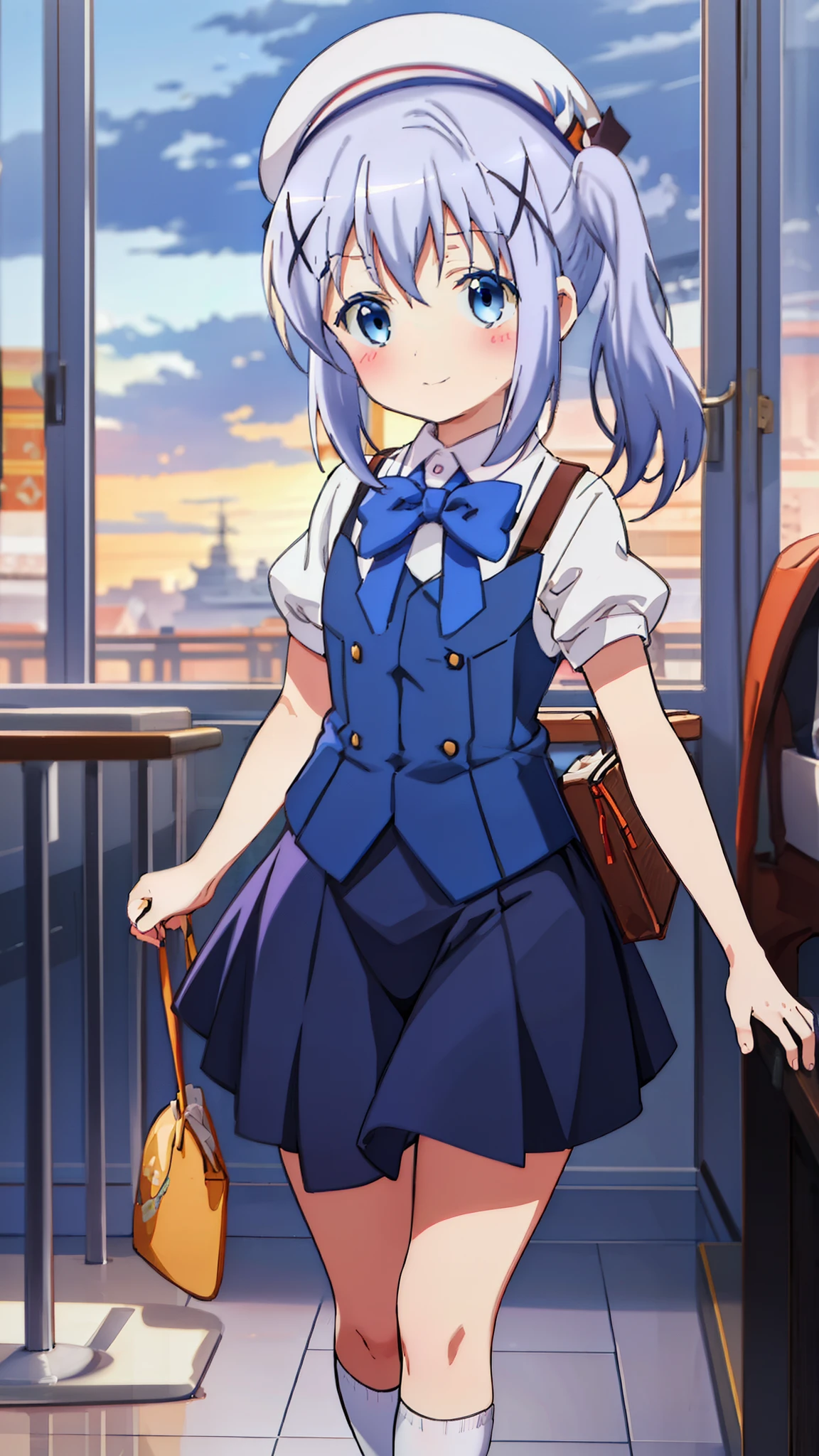 Chino Kafuu,Short-sleeved uniform,Navy Blue Skirt,White socks,Good looking girl (blush, Perfect Face), independent , Looking at the camera, masterpiece, evening,evening,Orange sky,Anime art style, Cute Characters, Most detailed, high quality、Nico Nico Smile、There are highlights in the eyes、The whole body is visible,long blue hair,blue eye