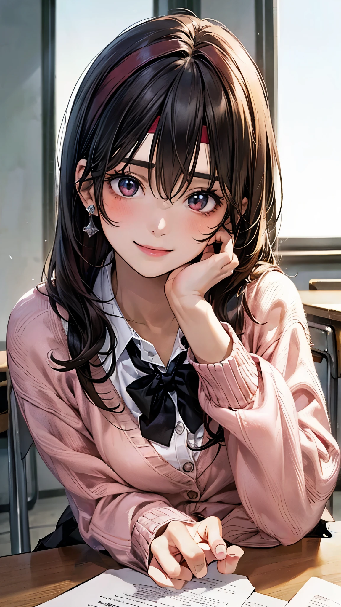 (masterpiece:1.2, highest quality), (realistic photo:1.4), beautiful illustrations, (natural side lighting, movie lighting), 
looking at the viewer, ((pov across table)), 1 girl, japanese, high school girl, perfect face, cute symmetrical face, shiny skin, baby face, 
(long hair, straight hair, ((dark red headband)), black hair), hair between eyes, maroon eye idol chest, seductive thighs, big ass), earrings, 
beautiful hair, beautiful face, detailed and beautiful eyes, beautiful clavicle, beautiful body, beautiful breasts, beautiful thighs, beautiful feet, beautiful fingers, slender, 
(white collared shirt, long sleeve pink knit cardigan, black pleated mini skirt, dark red flat bow tie), 
(beautiful scenery), evening, (school classroom:1.2), (hand up, elbows on table), (cute smile, upper eye), 