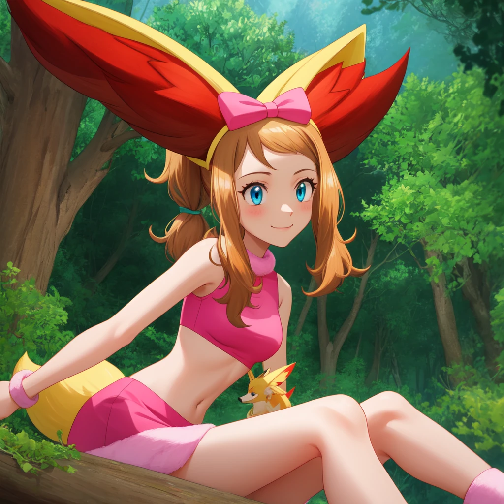 pkmnserena, 1girl, solo, blue eyes, blonde hair, long hair, ponytail, sidelocks, bangs,
pink hairband, bow hairband, hair bow, pink bow, fox tail, fake tail, animal ears, fox ears, animal ear fluff, fake animal ears,
pink shirt, crop top, sleeveless, turtleneck, pink skirt, miniskirt, midriff, bracelet, fur trim, fur collar,
smile,closed mouth,cowboy shot,sitting,
forest,outdoor,
(insanely detailed, beautiful detailed face, masterpiece, best quality) cinematic lighting,