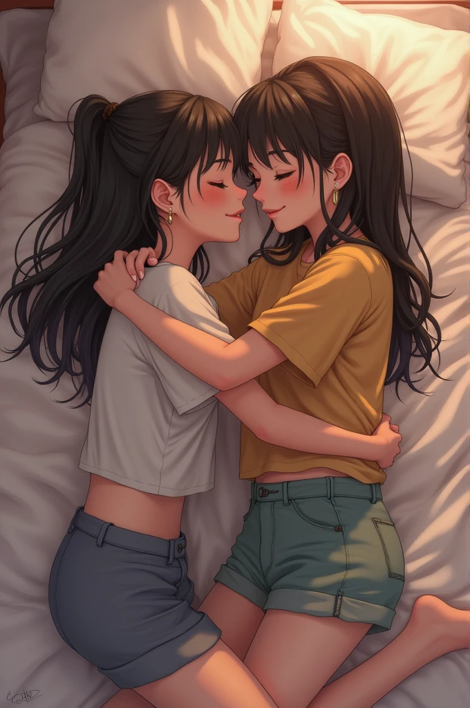 Two s hugging on a bed