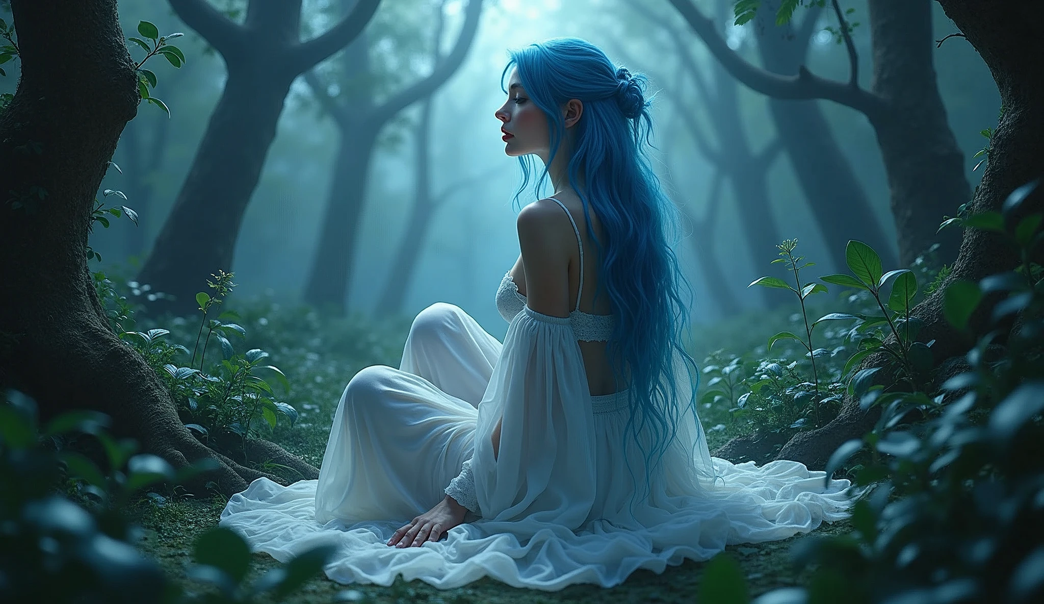 (photorealism:1.2), beautiful woman, forest, goth dress, long blue hair, dark lighting, plants background, moonlight, relaxed pose, realistic, intricate details, cold colors, cinematic lighting, dramatic atmosphere, ethereal, mystical, surreal, fantasy, enchanted, elegant, captivating